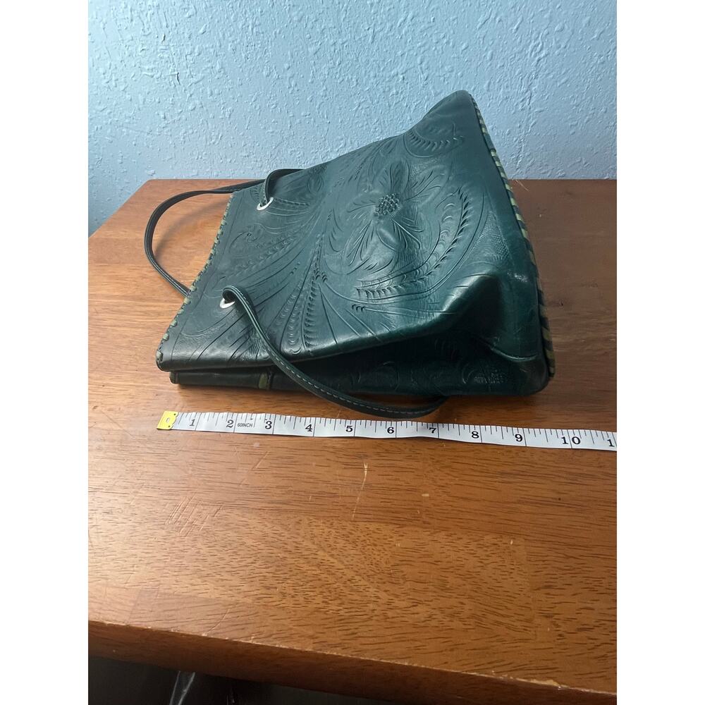 Tooled Leather Purse Green Floral Handmade in Paraguay Handmade Boho Western - Picture 7 of 9